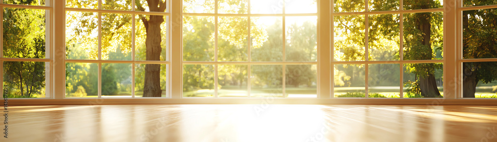 Bright sunlight streams through large panoramic windows, illuminating empty wooden floor and offering peaceful view of lush green trees Bright sunlight streams through large panoramic windows, illuminating empty wooden floor and offering peaceful view of lush green trees