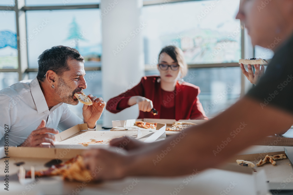 Multicultural business colleagues enjoying a casual pizza lunch break Multicultural business colleagues enjoying a casual pizza lunch break