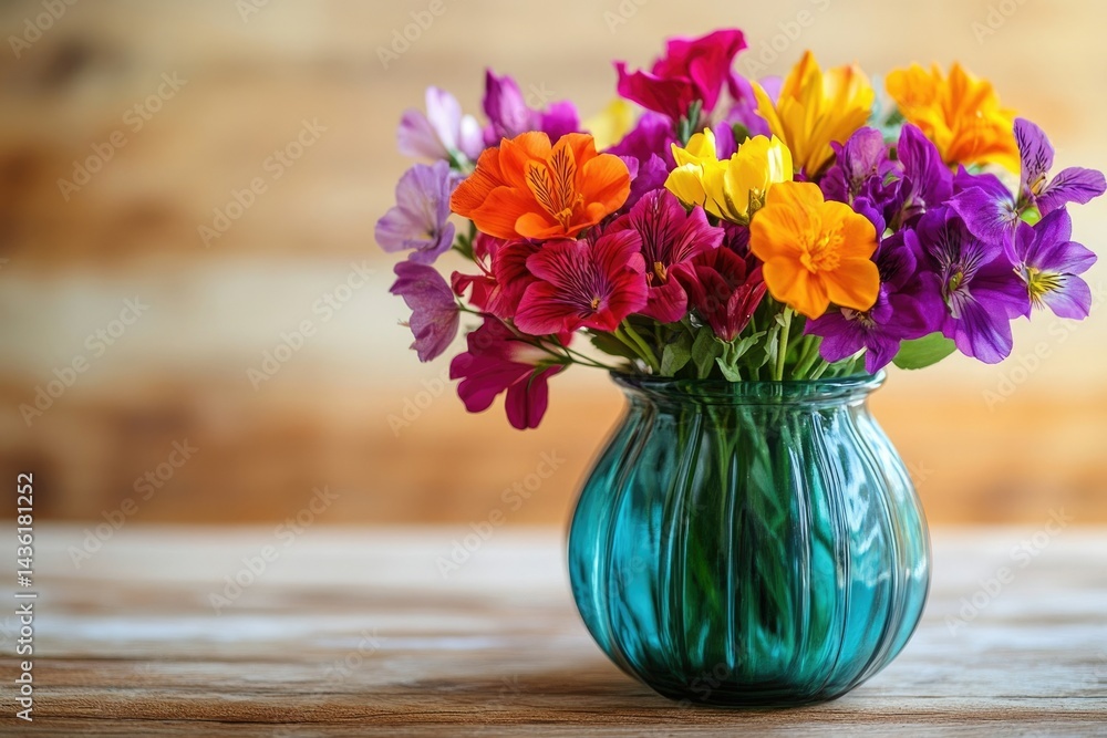 custom made wallpaper toronto digitalVibrant bouquet of colorful flowers in a teal glass vase, sitting on a wooden table.