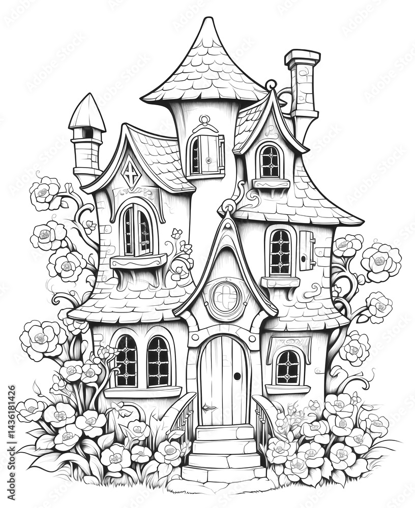 Fototapeta premium Black and white illustration of a fairy-tale house.