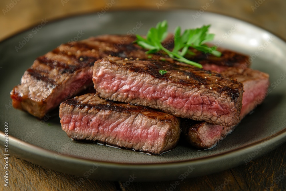 Juicy Grilled Steak Pieces Resting on a Dark Plate with Herbs Juicy Grilled Steak Pieces Resting on a Dark Plate with Herbs