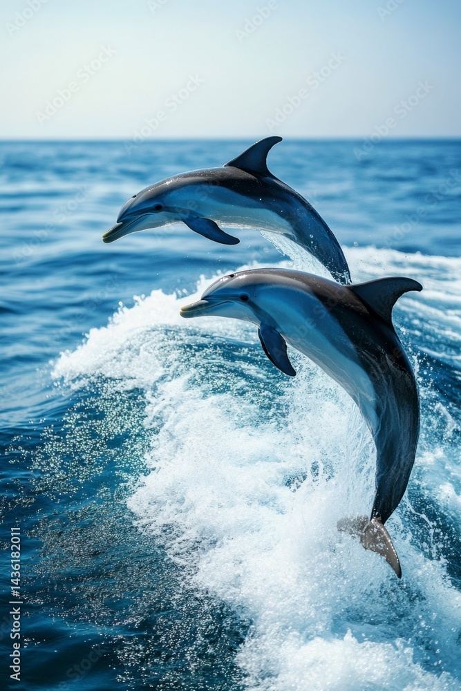 Fototapeta premium Dolphins Jumping Over Waves in a Serene Ocean Environment