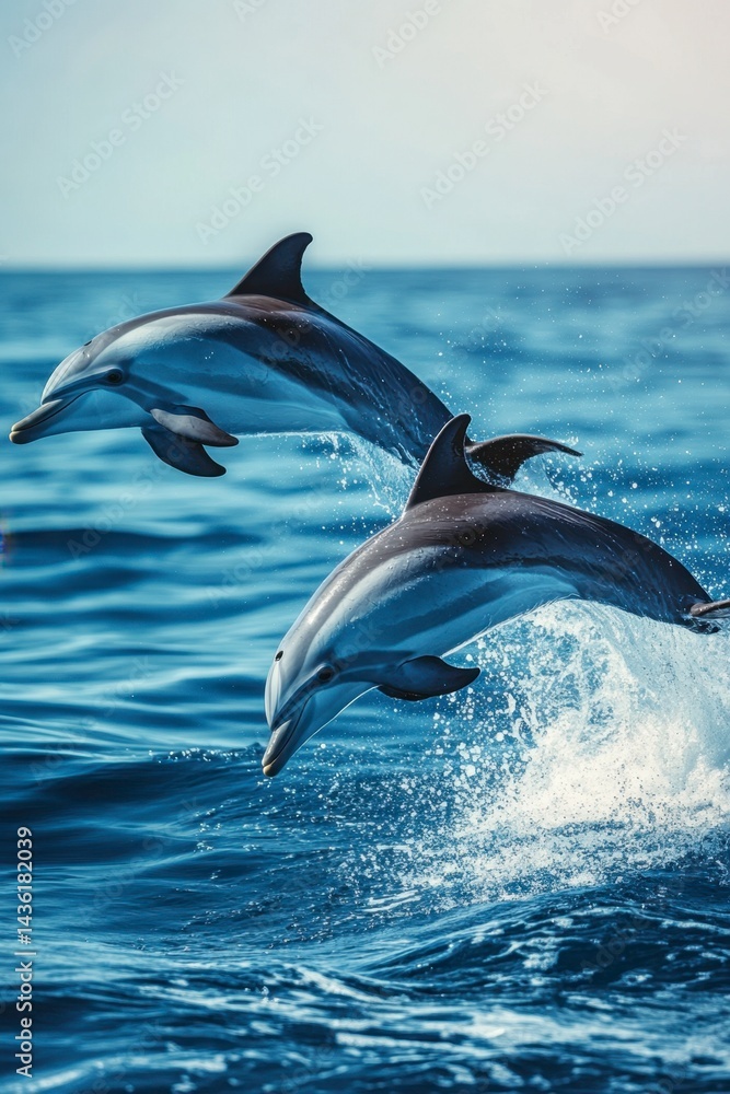 Fototapeta premium Dolphins Leaping Above Ocean Waves in Bright Sunny Daylight