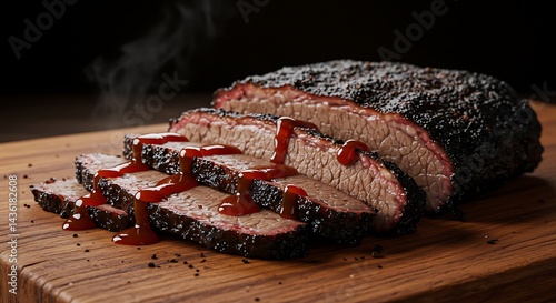 Texas-Style Brisket BBQ: Thick slices of smoked brisket with bark, BBQ sauce drizzle, pine wood plank.