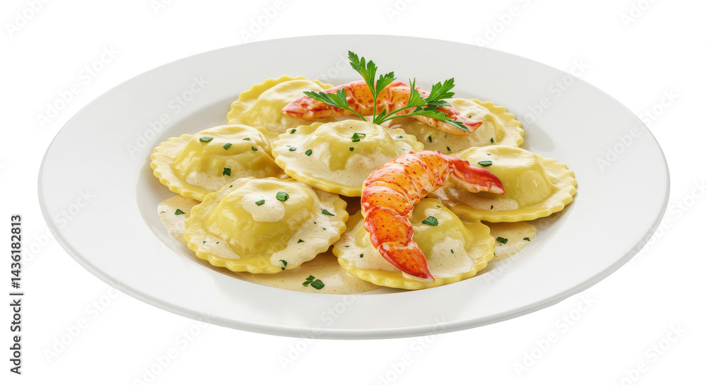 Lobster ravioli in cream sauce on a white plate Lobster ravioli in cream sauce on a white plate