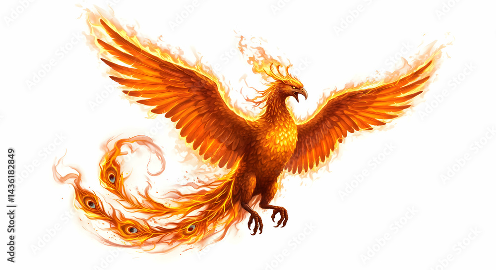 Fototapeta premium Majestic Bird Flying with Fiery Wings on White Background