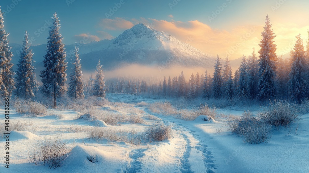 Serene Snowy Mountain Path at Dawn Serene Snowy Mountain Path at Dawn
