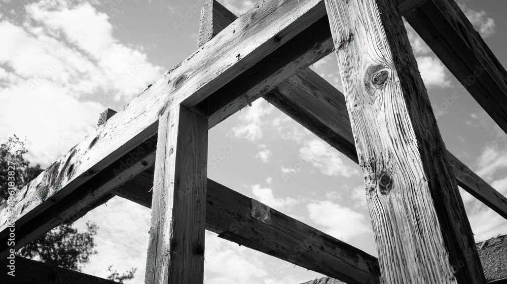 Obraz premium A black-and-white artistic shot of a wooden house frame.