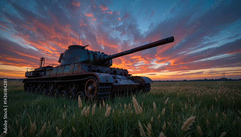 Fototapeta premium A historic tank stands in a grassy field, its weathered exterior contrasting against a stunning sunset, showcasing brilliant colors in the sky. The atmosphere feels serene and reflective