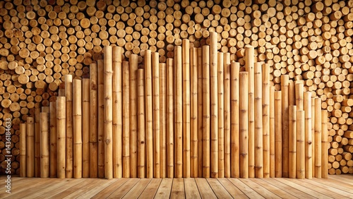 Wooden poles arranged against a backdrop of stacked wood rounds create a rustic, natural scene.