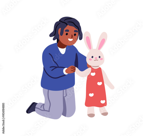 Kid playing with bunny puppet. Happy boy holding hare toy, marionette dummy on hand, arm. African child performing with cute rabbit doll. Flat vector illustration isolated on white background