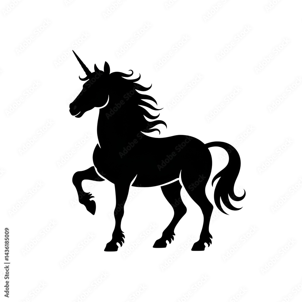 Unicorn silhouette standing on hind legs with flowing mane and tail design Unicorn silhouette standing on hind legs with flowing mane and tail design