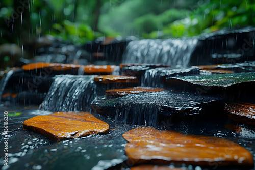 Rainy Waterfall Rocks Illustration