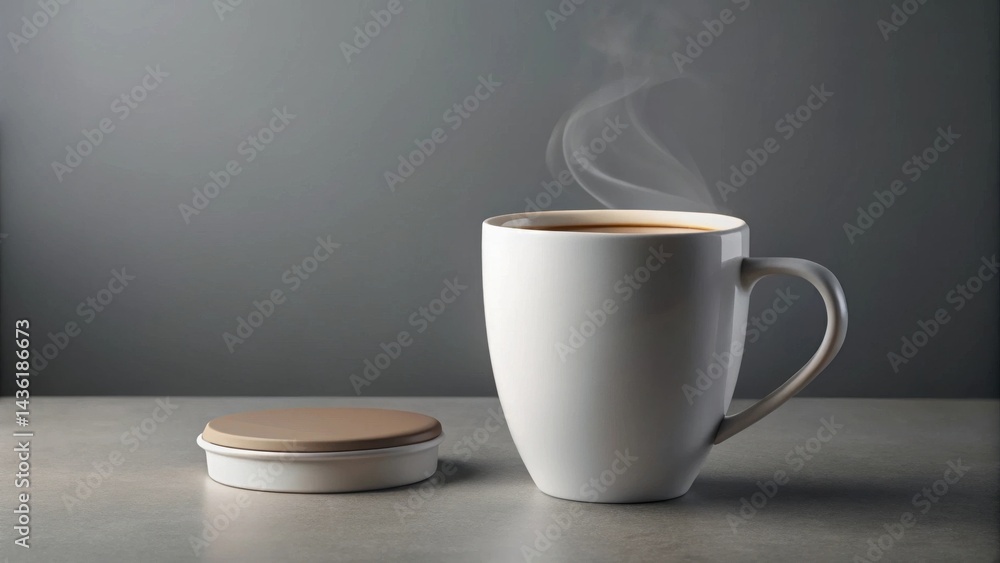Aromatic Coffee in a White Mug with a Small Lidded Container on a Grey Surface Aromatic Coffee in a White Mug with a Small Lidded Container on a Grey Surface