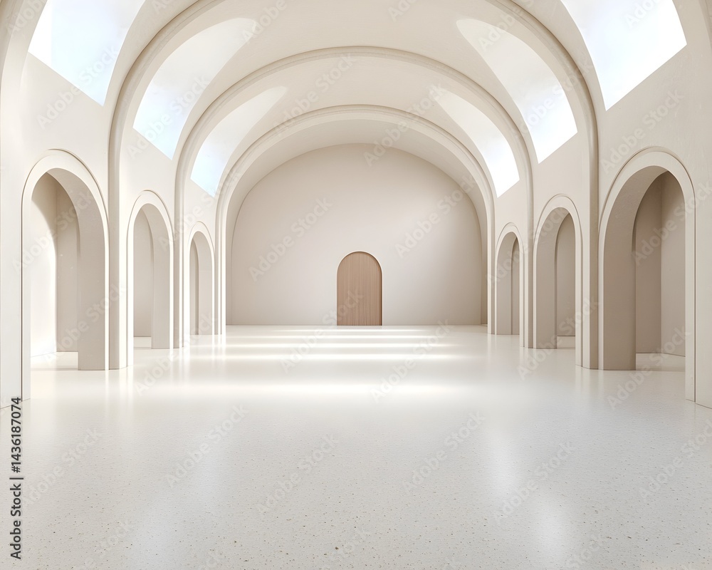 A spacious, minimalist hall with arched doorways and high ceilings, bathed in soft natural light A single wooden door stands at the far end A spacious, minimalist hall with arched doorways and high ceilings, bathed in soft natural light A single wooden door stands at the far end