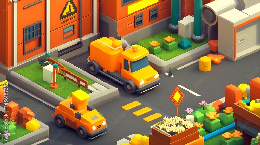Isometric Park Scene in 5D Style Featuring Mini Vehicles and Details Isometric Park Scene in 5D Style Featuring Mini Vehicles and Details