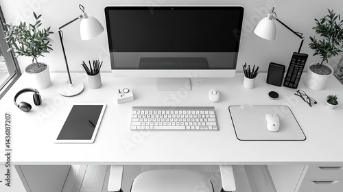 Modern, minimal workspace with digital devices and plants