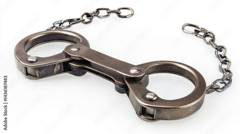Antique metal handcuffs with chain isolated on white background. Antique metal handcuffs with chain isolated on white background.