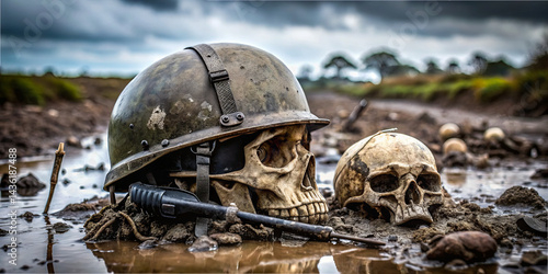 Wallpaper Mural Skulls along with a military helmet emerge from muddy terrain, evoking themes of conflict and mortality. The setting is a stark, muted landscape under a cloudy sky Torontodigital.ca