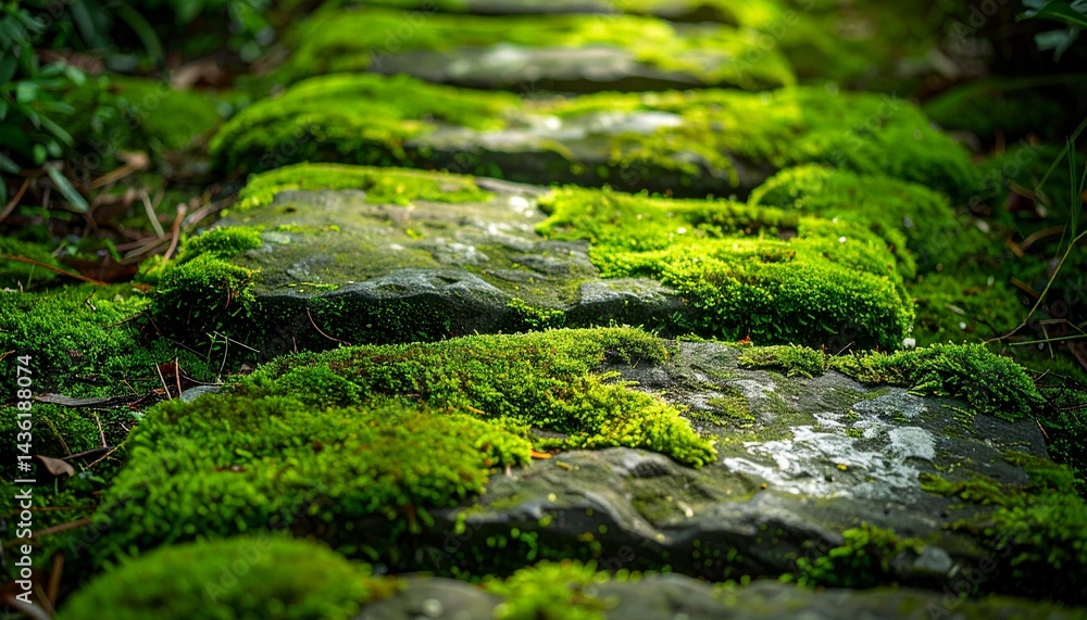 Naklejka premium Moss-covered stone path with rich green hues, earthy textures, and intricate organic patterns under soft light.