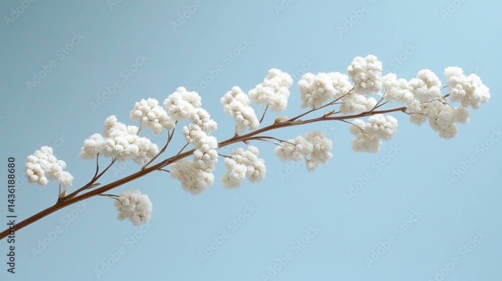 Delicate cotton flower branch against light blue backdrop Delicate cotton flower branch against light blue backdrop