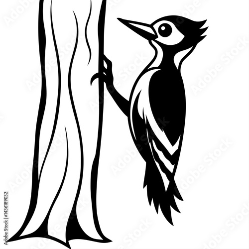 Vector illustration of a wood packer is peeking a trunk of a tree 