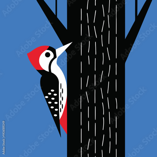 Vector illustration of a wood packer is peeking a trunk of a tree 
