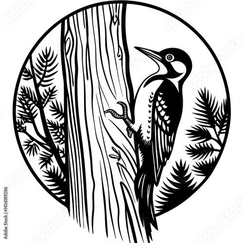 Vector illustration of a wood packer is peeking a trunk of a tree 