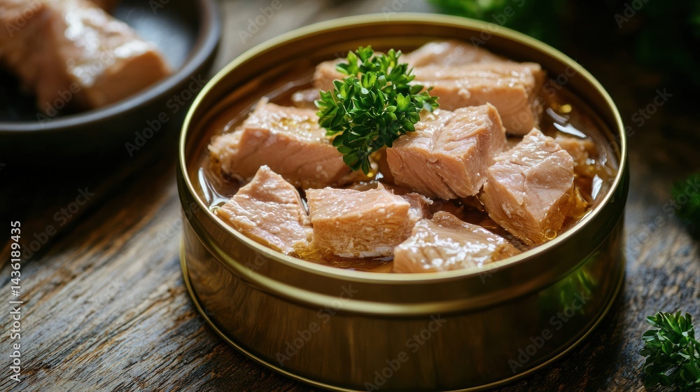 A canned fish product, such as tuna, opened and ready to serve. A canned fish product, such as tuna, opened and ready to serve.