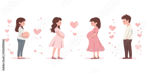 Illustration of two couples with hearts and flowers around them