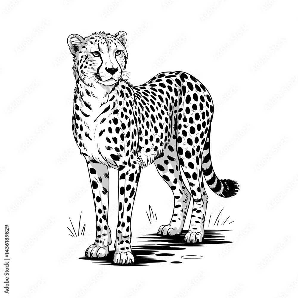 Cheetah illustration: a detailed monochrome drawing of a spotted wild cat standing Cheetah illustration: a detailed monochrome drawing of a spotted wild cat standing