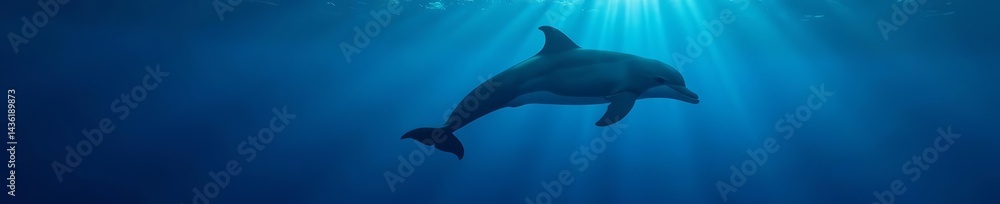 Obraz premium Bottlenose dolphin silhouette in dark blue water, marine life concept, vector, icon, aquatic