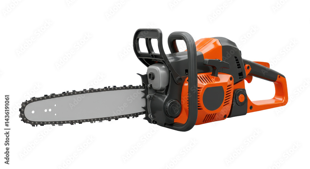 Orange gray chainsaw against dark void poised for action Orange gray chainsaw against dark void poised for action