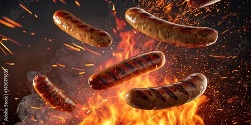 Flying Grilled Sausages over Fire Food Photography, Dynamic Composition, BBQ Concept, Sausage, Grill Sausage, BBQ