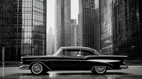 Sleek vintage car in front of a modern city skyscraper, mix of old and new, reflections on windows, DSLR camera, 50mm lens, morning, urban photography, monochrome film.