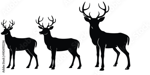 Deer Silhouette Vector Set with One Solid Black Deer and Four Outline Deer Vector Silhouette