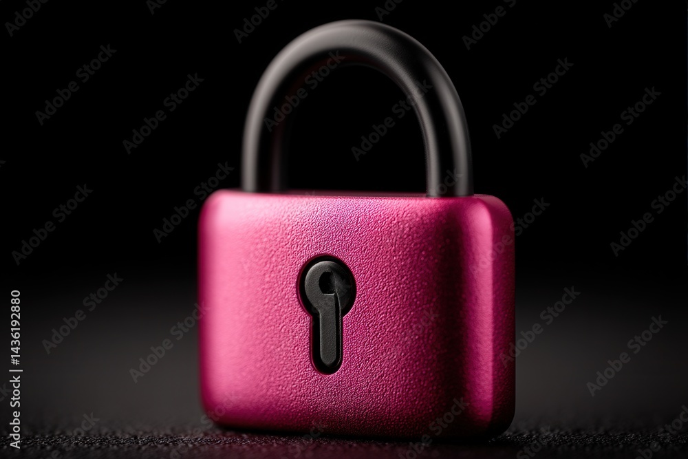 Fototapeta premium Pink stylish glossy padlock on black background reflecting conceptual data privacy design with vibrant secure protection emphasis in digital security minimal technology image