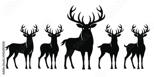 Deer Silhouette Vector Set with One Solid Black Deer and Four Outline Deer Vector Silhouette
