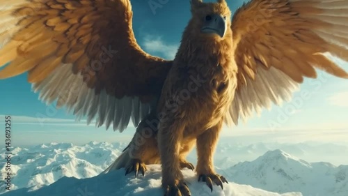 Majestic Griffin on Snow-Capped Peaks, Smooth looping for background video animation