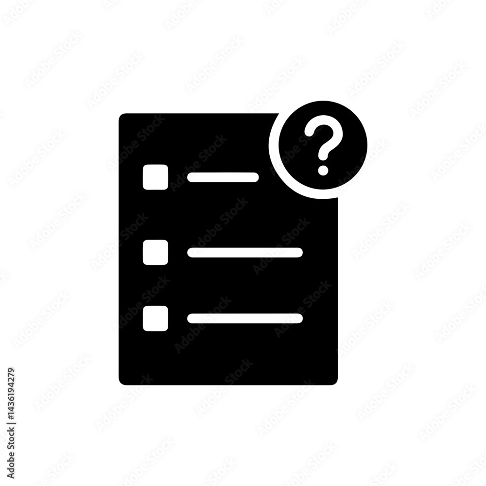 Black Filled Icon FAQ Bulleted List Icon with Question Mark Top Right