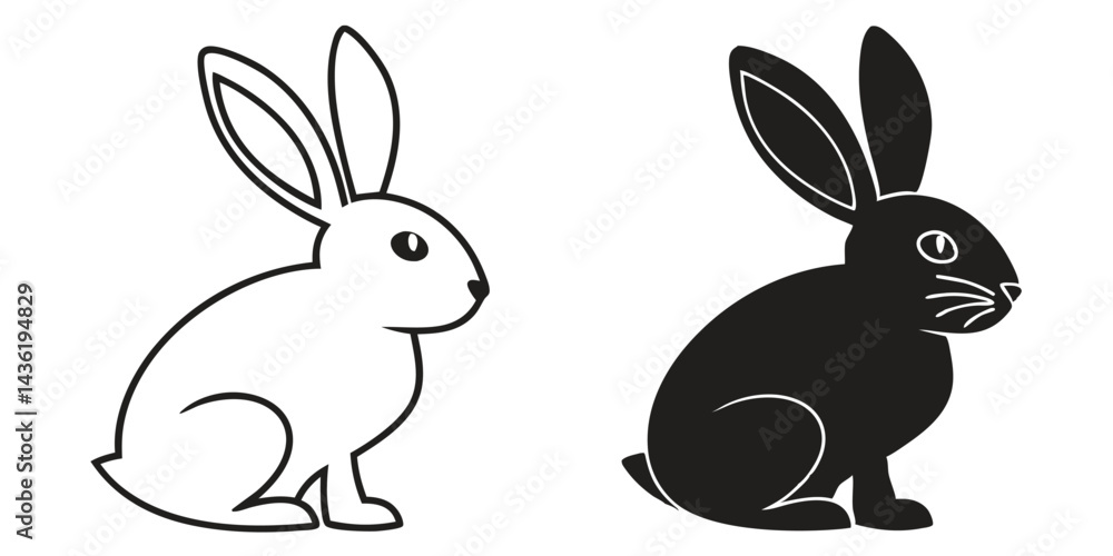 Fototapeta premium Cute Vector Silhouette of White and Black Rabbit Sitting Side View Illustration