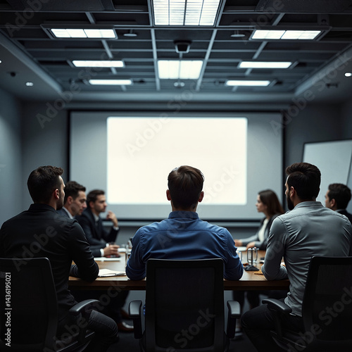 Business meeting in a modern conference room with focused professionals discussing strategies in front of a presentation screen