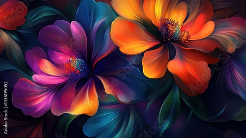 Vibrant Abstract Floral Artwork: Swirling Petal Design in Purple, Blue, and Orange Gradient, Modern Art Print, Digital Illustration.
