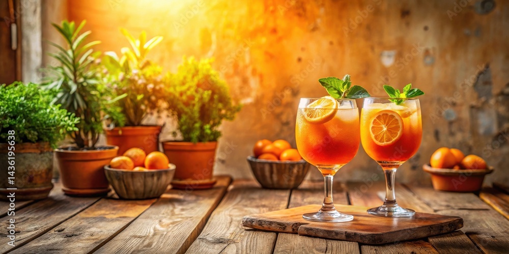 Obraz premium Refreshing citrus cocktails garnished with mint leaves, served in elegant stemmed glasses, on a rustic wooden table surrounded by potted plants and bowls of citrus fruit, bathed in warm sunlight.