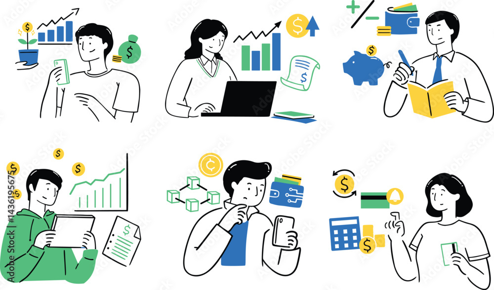 Set of modern hand-drawn finance management illustrations depicting investment growth, budgeting, analysis, mobile payments, crypto wallet, expense calculation, QR transactions, money transfers, goal Set of modern hand-drawn finance management illustrations depicting investment growth, budgeting, analysis, mobile payments, crypto wallet, expense calculation, QR transactions, money transfers, goal