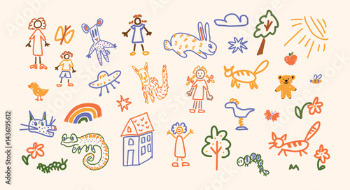 Set of Cute Funny Animals including Cat Dog Mouse Rabbit Squirrel Chameleon Caterpillar drawn by Child. Colorful Stars Doodles. Flat Hand Drawn Vector Illustration Isolated on White Background