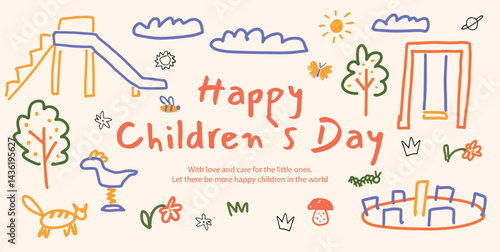 Happy Childrens Day lettering with Slide, Swing, Playground Roundabout, Spring Rider, Cat, Butterfly, Sun and Clouds. Colorful childlike doodles. Vector illustration.