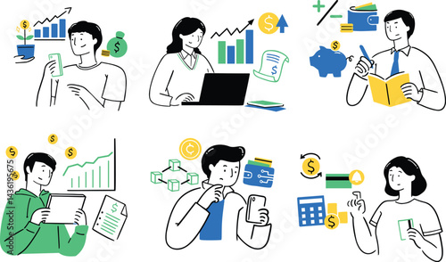 Set of modern hand-drawn finance management illustrations depicting investment growth, budgeting, analysis, mobile payments, crypto wallet, expense calculation, QR transactions, money transfers, goal 