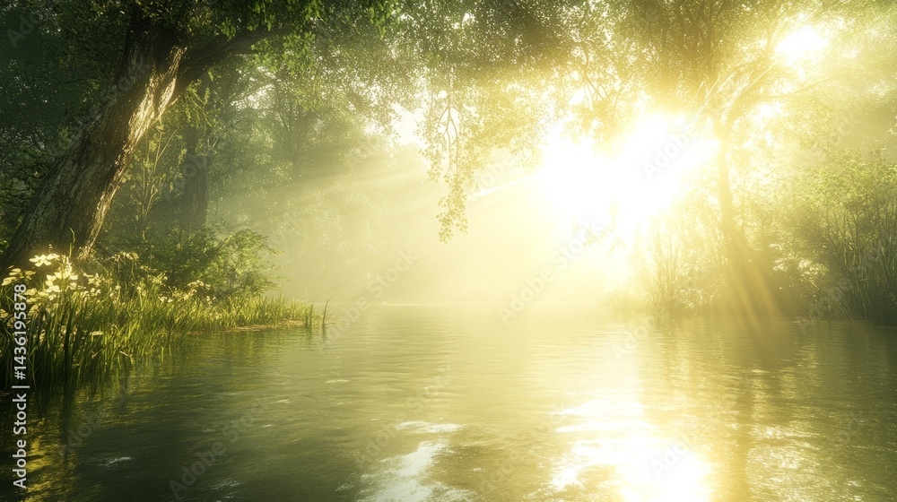 Luminous River Serenity: Sun rays pierce through the lush canopy of a tranquil river scene, creating a breathtaking display of light and shadow over the water and surrounding foliage. Luminous River Serenity: Sun rays pierce through the lush canopy of a tranquil river scene, creating a breathtaking display of light and shadow over the water and surrounding foliage.