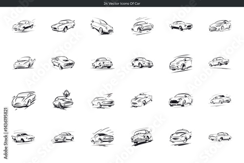 Collection of twenty four car icon doodle designs in sketch style